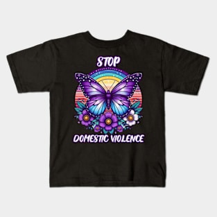 Stop Domestic Violence Purple Retro Rainbow Flowers Kids T-Shirt